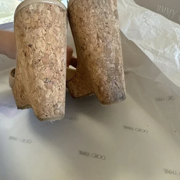 Jimmy Choo Nude Patent Leather Prima Cork Wedge Platform Sandals - Picture 4 of 6